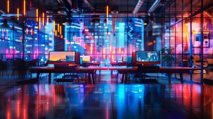 Modern neon cyberpunk open space office interior blurred with information technology overlay. Corporate strategy for finance, operations, marketing. Tables with computers for work. Technology