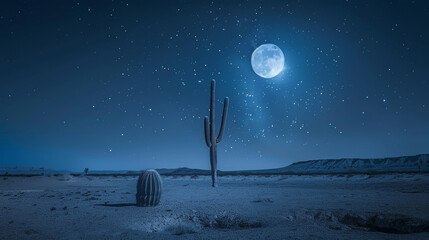 A photographic style of a desert environment, clear night sky with a full moon illuminating the desert, casting a soft glow on the sand. The stars are bright and the Milky Way is visible. A solitary