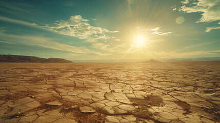 A photographic style of a desert environment, midday sun beating down on an arid landscape, with cracked earth and scattered rocks. The heat creates visible mirages on the horizon. Harsh shadows and