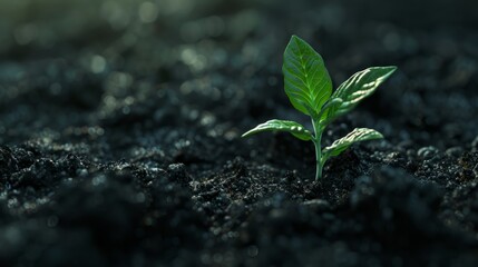 Naklejka premium New seedling growing in dark soil with space for text earth day or nature background Copy space image Place for adding text or design