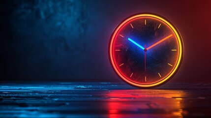 Action Time Watch or clock Icon, vibrant neon lights on a clean dark background with space for text Futuristic Neon Minimalist
