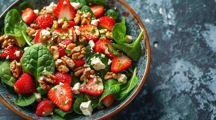 colorful salad with spinach, strawberries, walnut