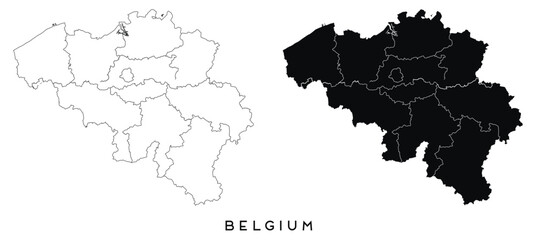 Belgium map of city regions districts vector black on white and outline