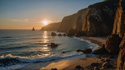 Stunning coastal landscape with rugged cliffs, golden sunset, and gentle waves crashing onto the sandy beach, creating a serene, picturesque scene.