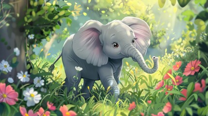 Pastel painting cartoon elephant nature animal in park garden, childish design style.