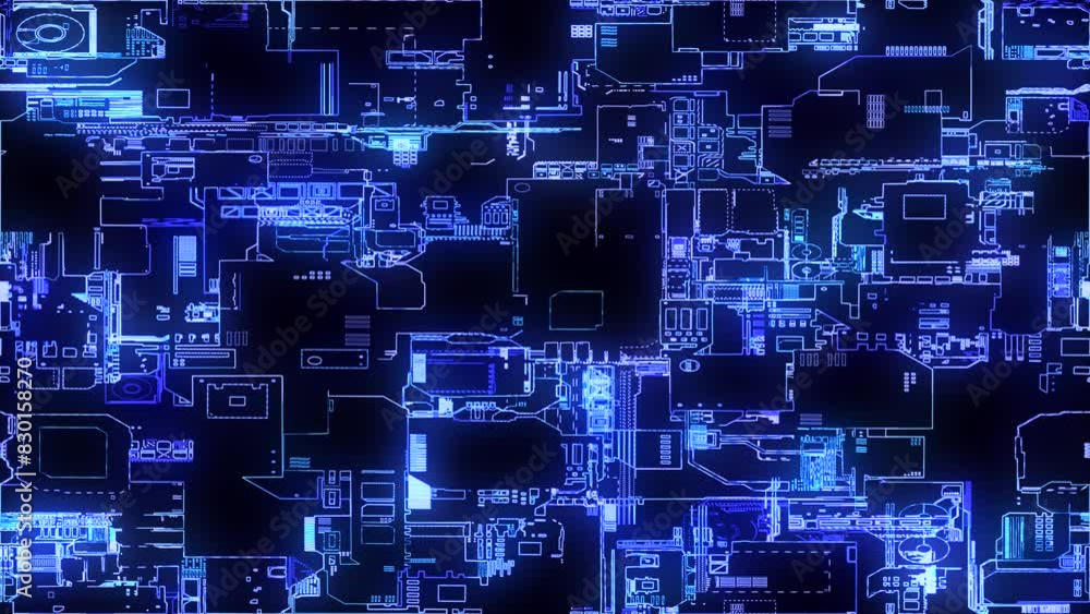 Poster printed circuit board. visualization of advanced technology concept: pcb processor microchip, digiti