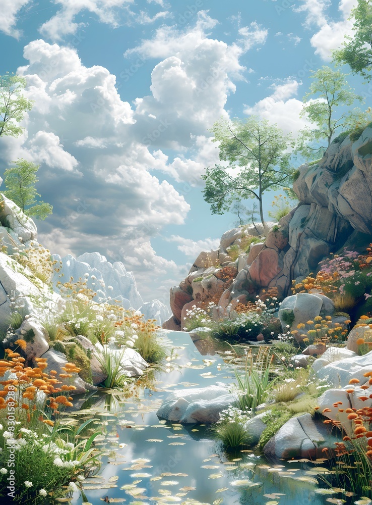 Canvas Prints mystical mountain stream in a valley with flowers and rocks