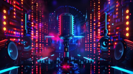 Obraz premium a high-tech broadcasting microphone with dynamic waveforms, and neon blue and purple lights. Podcasting Voice over and recording, Audio production concept. Communication technology. 