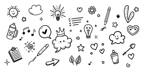 Cute Doodle pen line elements. Hand drawn doodle sketch style circle, cloud speech bubble grunge element set. Arrow, star, heart brush decoration. Vector illustration.