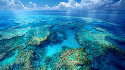 breathtaking image of Great Barrier Reef vibrant coral reef crystalclear water teeming marine life stretching far eye can see off coast of Queensland Australia world's largest coral reef system UNESCO