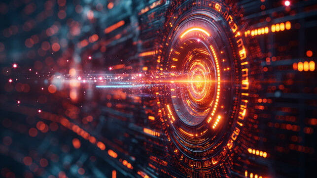 Technology network digital tech future communication computer background. Glowing lights and a clock. Concepts of cyber protection, data security, and internet privacy. 