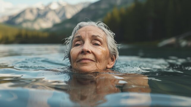portrait of older woman swimming in lake, ai generated