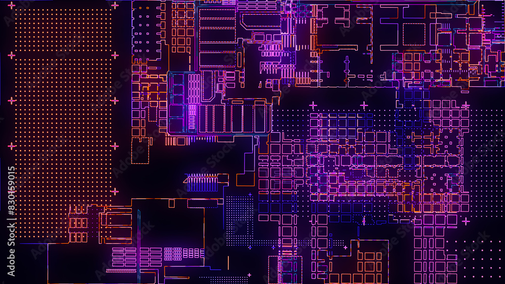 Poster printed circuit board. visualization of advanced technology concept: pcb processor microchip, digiti