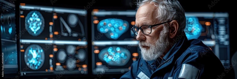 Poster man with glasses deeply focused on computer screen while working