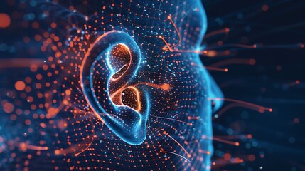 A high-definition hologram of a human ear showcasing the auditory system