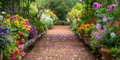 Obraz premium A charming garden path lined with an array of blooming flowers beckons visitors to stroll through a fragrant corridor of colors and scents. Concept Botanical gardens, flower photography