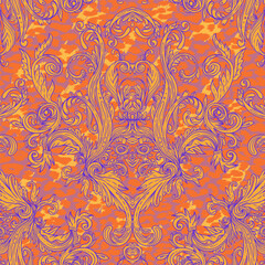 Baroque neon colored seamless pattern over leopard or cheetah skin titled background, fancy animal fur and glamorous elements, vector illustration. Luxury concept. Fabric design, wrapping paper