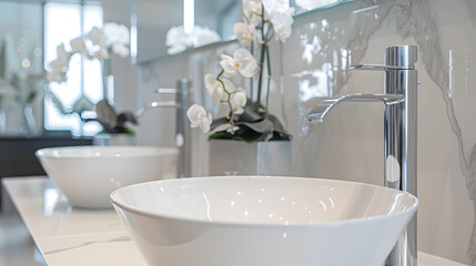 A bathroom with two sinks and a plant in front of them