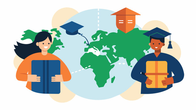 An exchange program between two universities in Africa and Asia allows students to not only study abroad but also to form lasting friendships through their pen pal correspondence.. Vector illustration