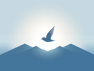 Gentle abstract background with a bird and mountains. Logo idea. Blue background. Digital art. Mountains