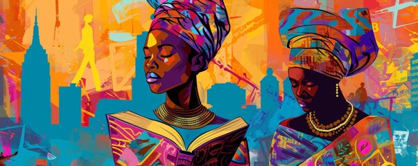 African Women Studying in Vibrant Urban pop Art. Colorful urban art featuring African women in traditional attire studying, set against a dynamic cityscape background. Black History Month colorful