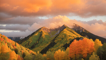 shows a mountain landscape with colorful fall foliage and a pink sky.