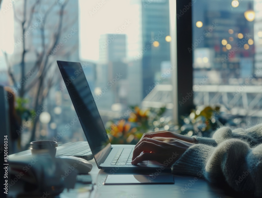 Aufkleber hands typing on a laptop in an urban cafe with large windows, showcasing a city view in the backgrou