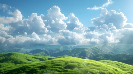 Fototapeta premium Green rolling hills under a blue sky with white clouds