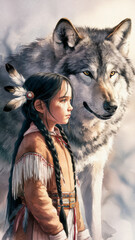 Naklejka premium A girl with black hair braided and decorated with feathers, dressed in traditional Indian clothes. Next to her stands a massive, majestic wolf.