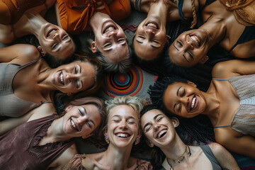 A group of women are smiling and laying down in a circle. Scene is happy and friendly