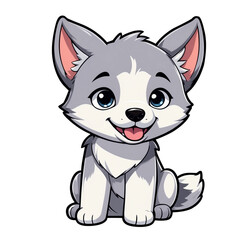Obraz premium Cute Childish Kawaii Husky Dog Character Sticker with Bright Eyes, Fluffy Ears, and Mask-Like Markings, Sitting Playfully with Tongue Out, Thick Black Outline, Generative AI.