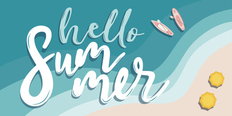 Summer beach landscape banner, ocean island vector background, coastal sand, boat, island, exotic coast, tropical nature vacation. Hello summer vector illustration.
