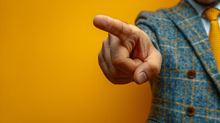 man pointing finger on yellow background with copy space