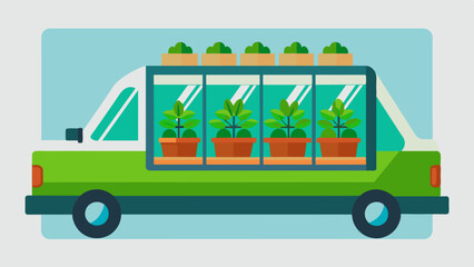 Small hydroponic gardens are built into the walls of the taxi providing fresh herbs and vegetables for passengers to enjoy during their journey.. Vector illustration