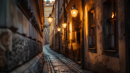 A narrow alleyway with a street lamp hanging from the wall