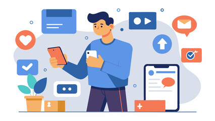 A man scrolls through social media bombarded by ads for clothing and products designed to enhance his appearance causing him to feel inadequate and insecure.. Vector illustration
