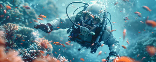 Diver swimming undersea between coral reef.