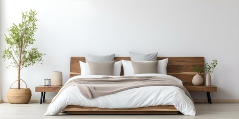 Scandi Boho Style Bedroom Interior Mockup with White Backdrop and Natural Wood. Concept Bedroom Interior, Scandi Style, Boho Decor, White Backdrop, Natural Wood