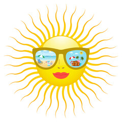 Illustration of a joyful sun in glasses with reflection of rest on a white background.