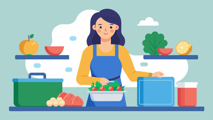 A woman meal preps for the week organizing containers of roasted vegetables grilled chicken and quinoa for easy and nutritious lunches.. Vector illustration