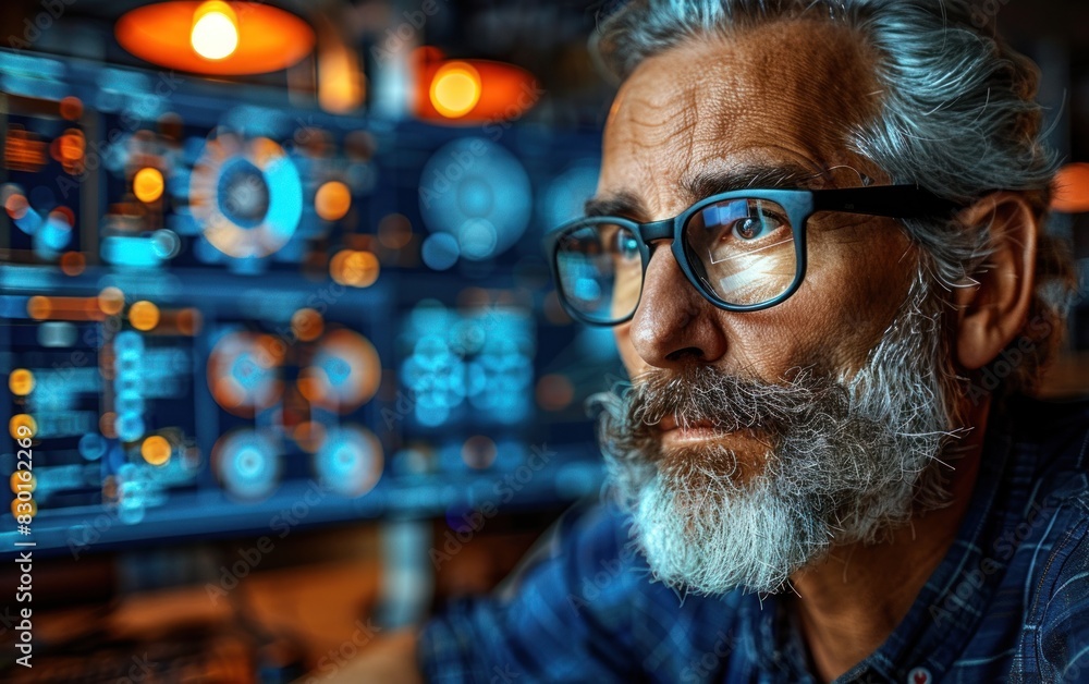 Poster a man with glasses closely inspects data on a computer screen