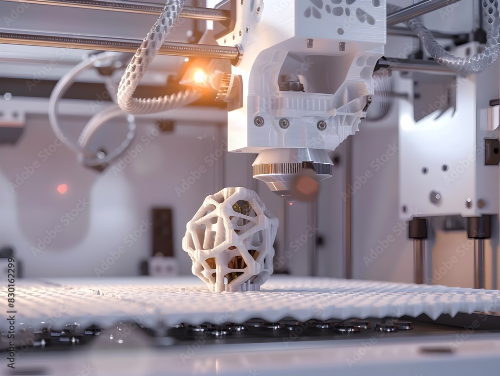 Poster 3d printer crafting an intricate 3d printed model in a modern workspace