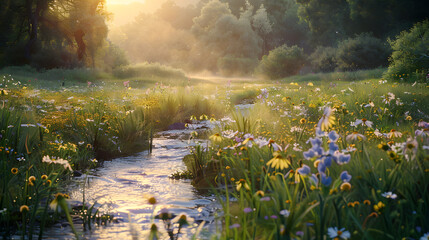 Naklejka premium A river runs through a field of flowers