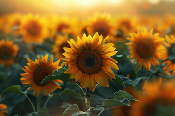 Obraz premium A large field of sunflowers under the sunset sky