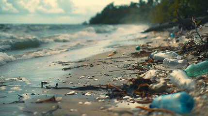 Obraz premium A beach is littered with plastic bottles and other trash