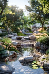 Small river flowing through a rocky landscape with green plants on the banks