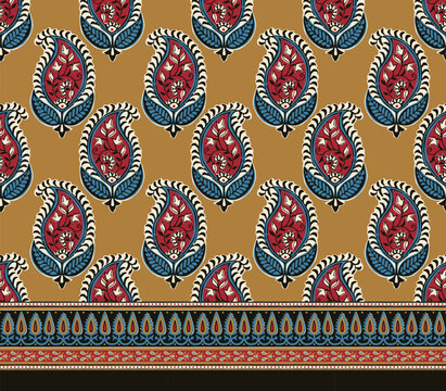 PAISLEY FLORAL WITH BORDER SEAMLESS PATTERN ALL OVER PRINT VECTOR ILLUSTRATION