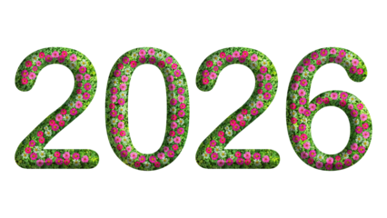2026, 3d year theme design made from green grass and flower isolated on transparent background, PNG, suitable for template design	
