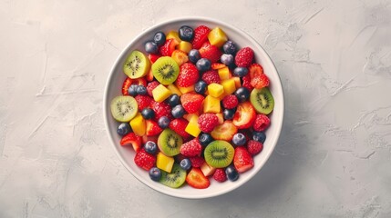 Top view of colorful fruit mix with nuts in a bowl. Healthy breakfast concept. Fresh fruit, raw food