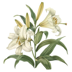 Obraz premium Bouquet of lilies isolated on white background, featuring yellow and white blooms amidst green leaves, showcasing natural beauty and floral elegance